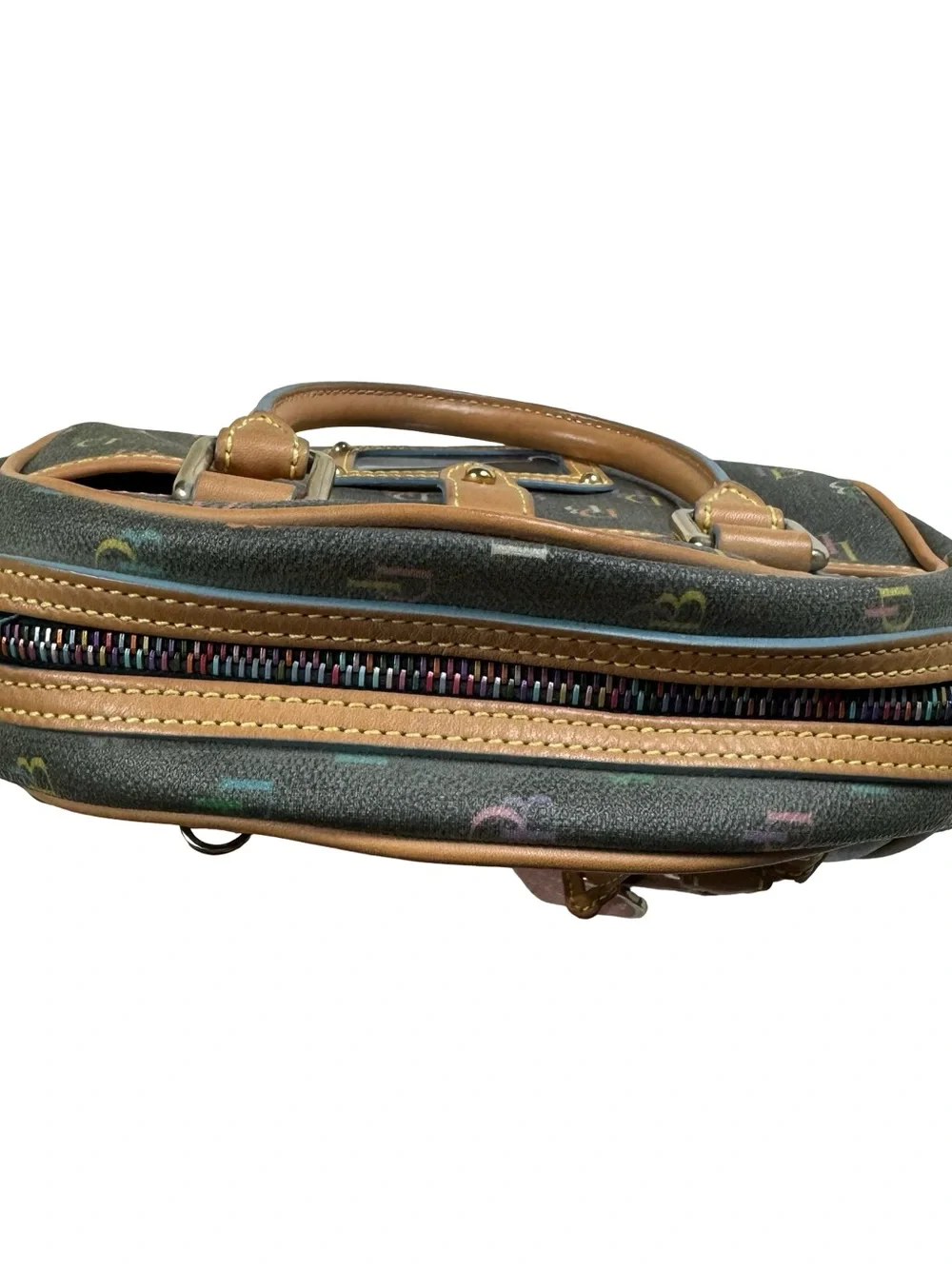 Dooney & Bourke DB Multicolor Monogram Round Satchel Leather Trim Bag Purse